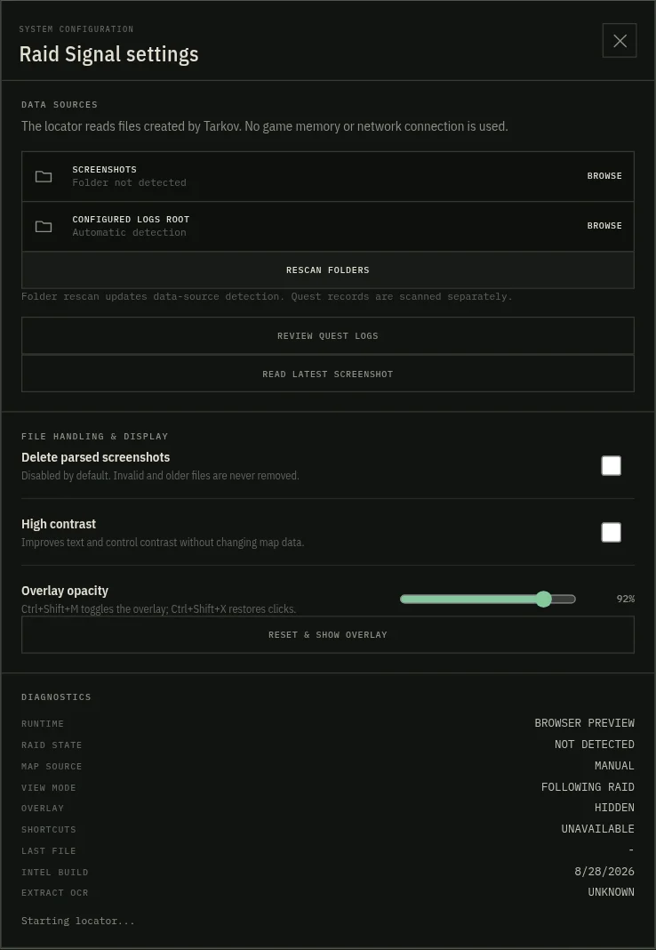 Raid Signal — The application’s settings screen. Map artwork is not included in this capture.